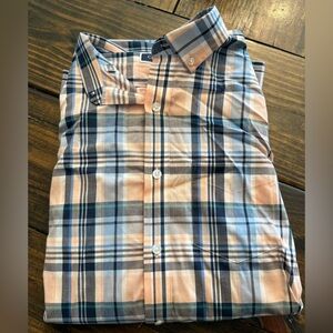 NWOT Club Room Men’s Peach and Light Blue Plaid Button-Down Shirt (S)
